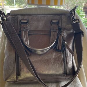 The Sak Metallic Taupe Leather Tote Bag with Tassel